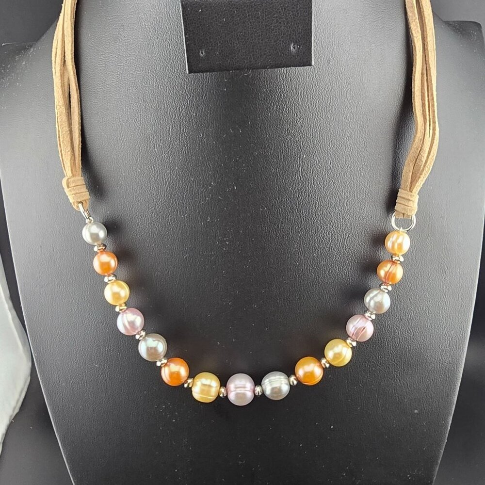 NWT Honora Multi-Color Cultured Pearl Necklace Tan Cord Adjustable Box & Bag - Picture 2 of 10